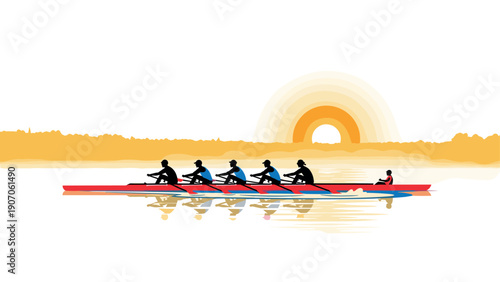 Team rowing at sunrise with bold colors and dynamic silhouettes