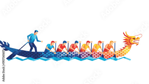 Colorful dragon boat with rowers: vibrant geometric design
