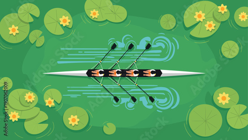 Rowing team in motion on green waters surrounded by lily pads and flowers