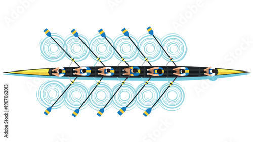 Team rowing competition: top view of eight athletes in action on water