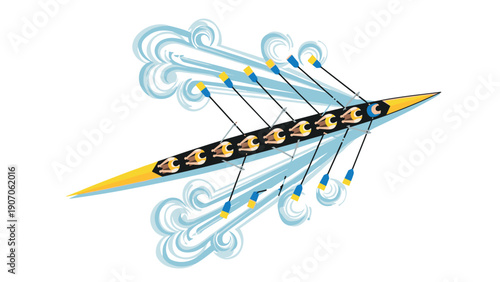 Isometric eight rowers racing in vibrant boat with dynamic water splashes