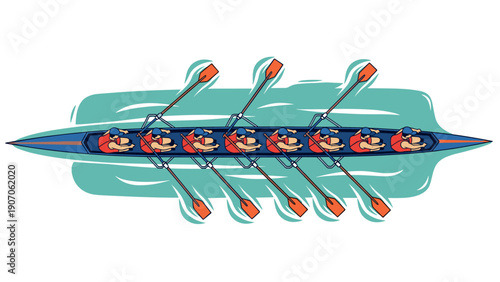 Rowing team in action: dynamic flat design with vibrant colors