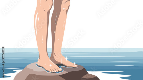 Refreshing moment at the lake: wet feet on rock and sparkling water