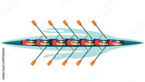 Top view of rowing team in uniform synchronizing paddles