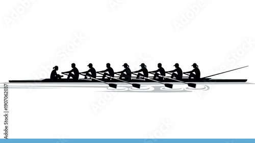 Silhouette of team rowing a boat in perfect synchrony on water