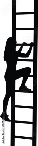 Woman climbing ladder, silhouette against white background, black illustration, ascent, business concept, career growth depiction