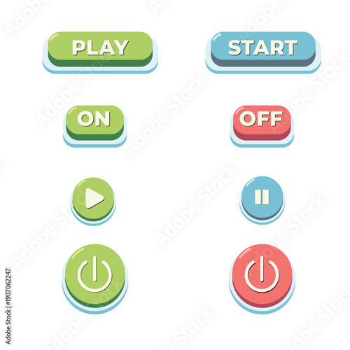 Illustration of colorful interface buttons labeled Play, Start, On, Off with play, pause, and power icons, featuring glossy 3D style, soft shadows, and a modern minimalist design for apps or games
