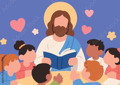 Lord Jesus Reads the Bible to Children Illustrator Artwork Creative Design Template 