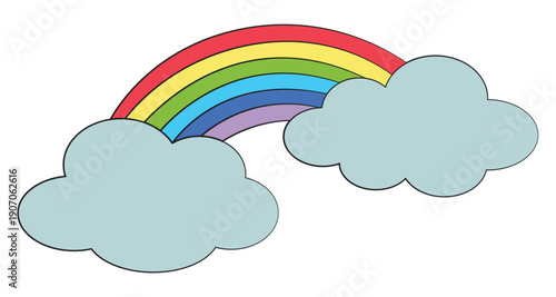 Simple rainbow with clouds on white background