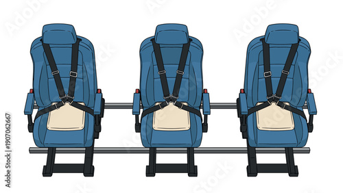 Airplane passenger seats with safety harnesses in cartoon style