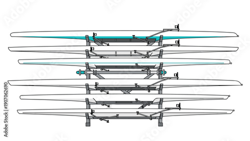 Detailed diagram of a rowing boat rack displaying multiple sculls