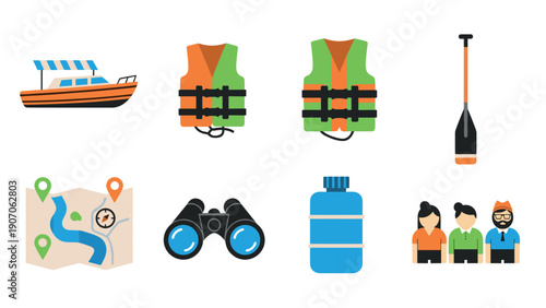 Flat design icons for water activities: boat, life jackets, and adventure essentials