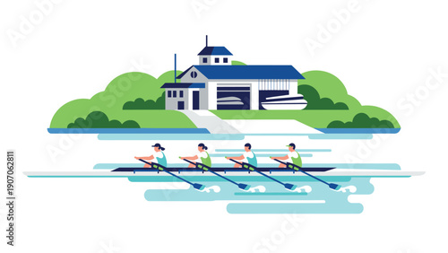 Team rowing near lakeside boathouse with lush greenery in flat design