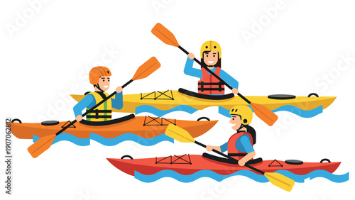 Colorful flat design of people kayaking on choppy waves