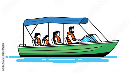Family boating adventure in green motorboat on water with canopy and life jackets