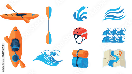 Flat design kayaking and water adventure icons set