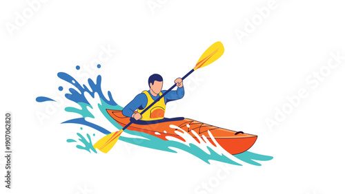 Dynamic kayaking adventure: bold colors and energetic splash action