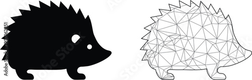 Black Hedgehog Silhouette and Low Poly Wireframe Vector Illustration isolated on white