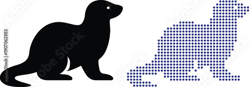 Black Ferret Silhouette and Dotted Pixel Art Vector Illustration isolated on white