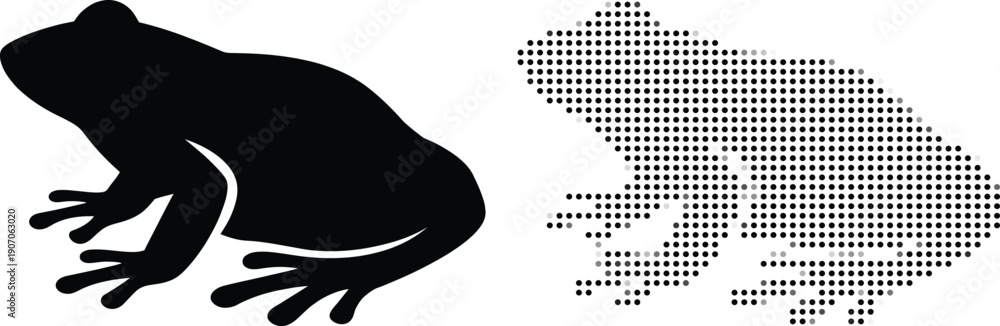 Fototapeta premium Black frog silhouette and dotted pixel art frog vector illustration isolated on white