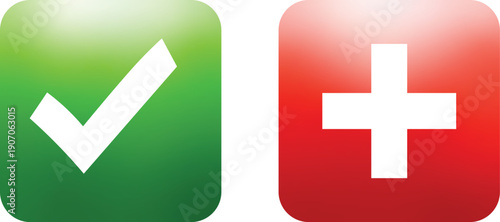 Green check mark and red cross mark emoji icon. Glossy square symbols with white tick and white X inside. Set of green and red cross marks buttons
