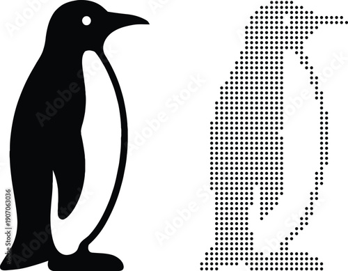 Black vector penguin icon and pixelated outline isolated on white