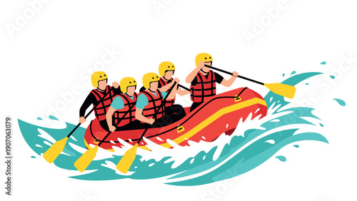 Team adventure in white water rafting with excited paddlers and splashes