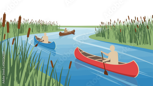 Three canoes on a serene river surrounded by lush reeds under a clear sky