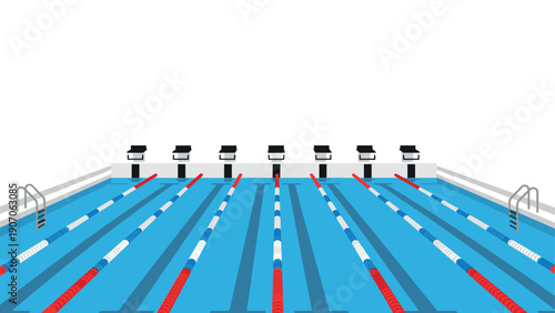 Competitive swimming pool with lanes and starting blocks in a flat design