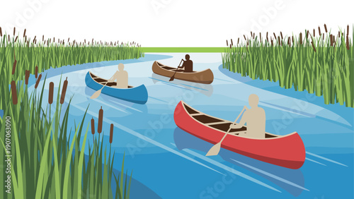 Canoeing adventure on serene river with colorful boats and reeds in a peaceful nature scene