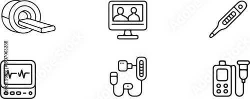 A collection of simple black and white line icons depicting various medical devices and telehealth technologies for healthcare applications high quality