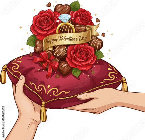Elegant Valentine Chocolate and Red Roses with Diamond Ring Illustration