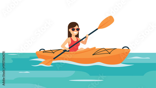 Woman kayaking in orange canoe on calm blue water, flat design