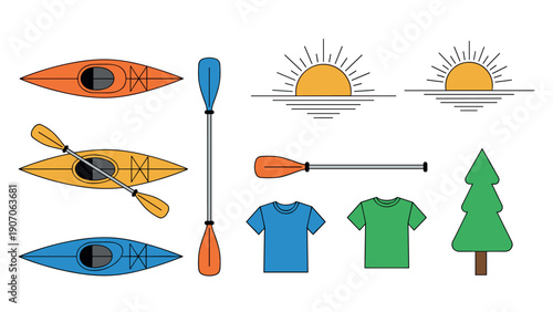 Colorful outdoor adventure gear icons: kayaks, paddles, and nature elements in flat style