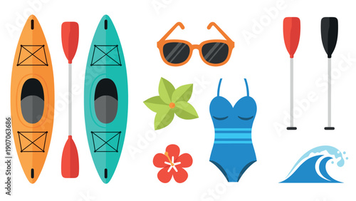 Colorful flat design kayak and beach elements for summer adventure