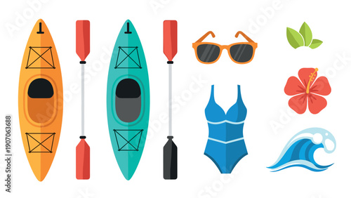 Summer adventure essentials: kayaks, sunglasses, and beach icons in flat design