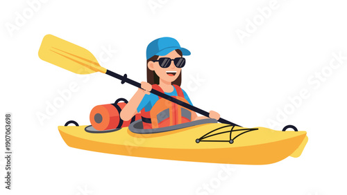 Flat style cartoon of female kayaker with paddle and safety gear on calm water