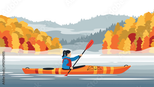 Autumn kayaking adventure: tranquil lakeside with vibrant fall foliage