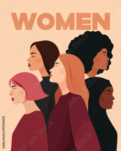 vector poster about women empowerment, portrait orientation. Background: solid warm dusty peach / salmon color. Top area: big centered uppercase headline WOMEN in light beige/cream