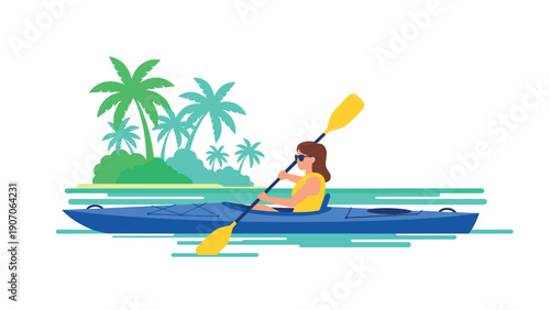 Woman kayaking in tropical paradise with palm trees in flat style illustration
