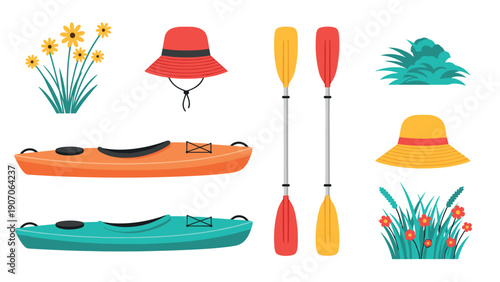 Colorful kayaks with paddles and sun hats in flat design with floral elements