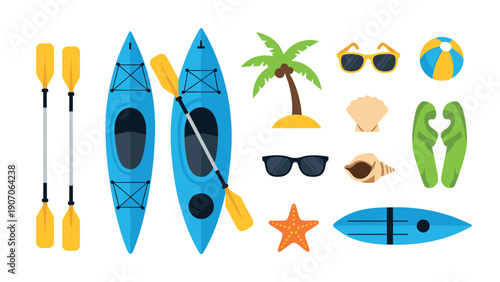 Colorful beach and kayaking gear set with palm tree and shells