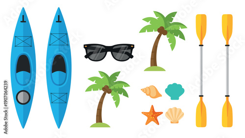 Kayaking and beach items flat design with palm trees and sea shells
