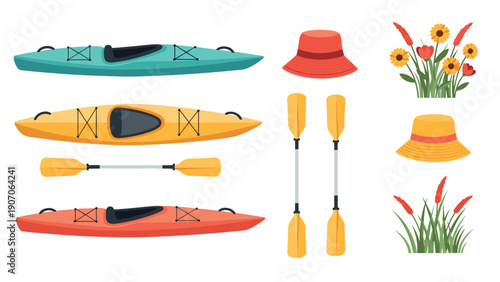 Colorful kayaks and accessories with summer flowers