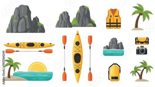 Flat design kayaking adventure equipment and tropical scenery