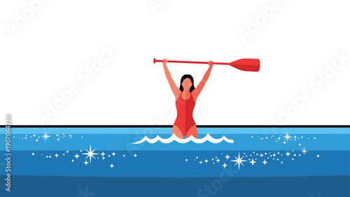 Woman celebrating victory in water with paddle raised high