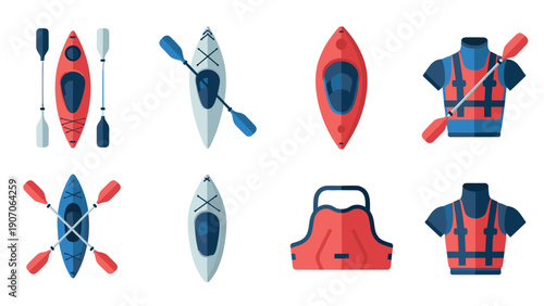 Flat kayaks and life jackets set for outdoor adventure water sports