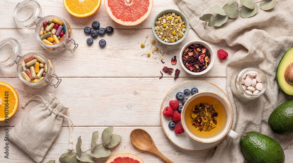 custom made wallpaper toronto digitalFlat lay of bone health supplements, fresh fruits, and herbal tea on wooden table. Concept of natural medicine and wellness care. Perfect for nutrition and healthcare designs.