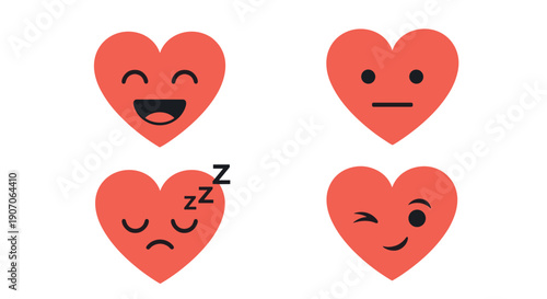 Set of four red heart shaped emoji faces expressing different emotions like happy neutral sleepy and winking symbols.