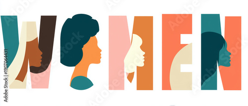 Ultra-wide International Womenâs Day minimalist vector header, pure white background. Create the word WOMEN in very large rounded sans-serif block letters, centered. Fill each lett